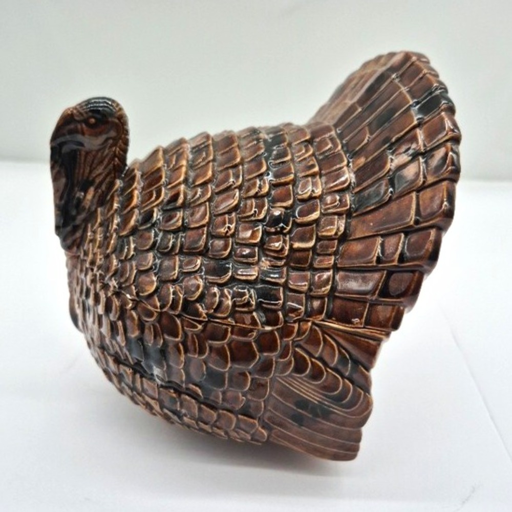 Vintage Brown Ceramic Turkey Lidded Trinket Box Textured Glossy 1982 MCM 6in